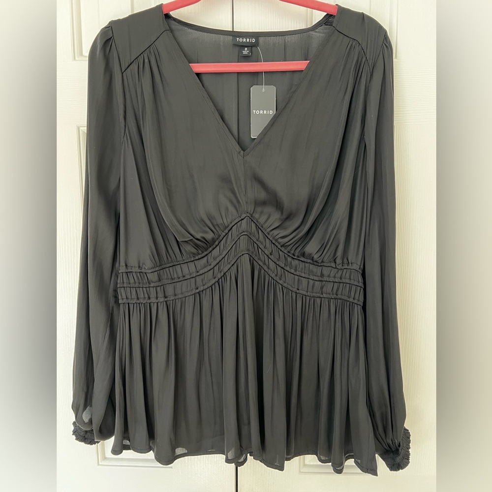 NWT Beautiful and Sexy Black Satin Peplum Smocked Waist Top